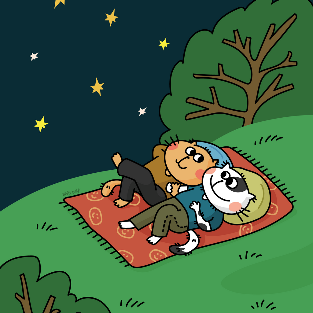 Cartoon cat characters lying on a blanket under stars at night.