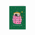 Greeting card with an illustration of cats in bed on a green background