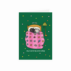 Greeting card with an illustration of cats in bed on a green background