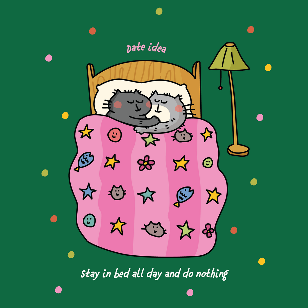 Cartoon cats under a pink blanket with star and moon patterns on a green background.