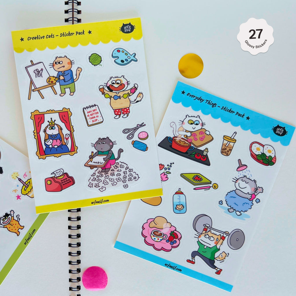 Two sticker packs with fun cat characters on a white background