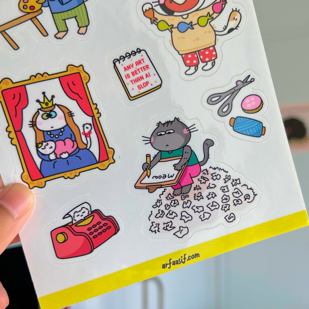 Sheet of fun cat stickers featuring various characters and objects.