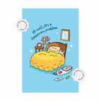 Cartoon character in bed with a blue background and text 'Oh well, it's a tomorrow problem.'