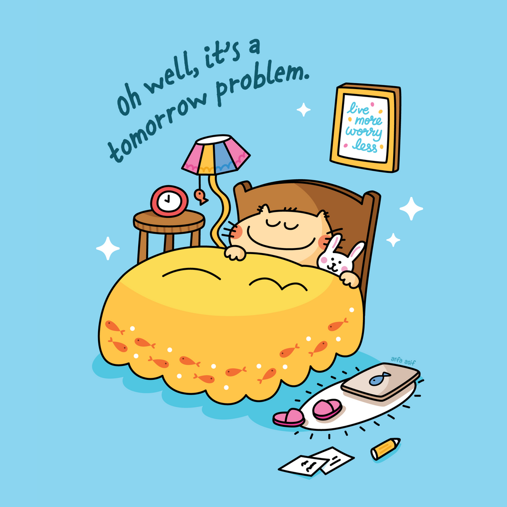 Cartoon cat character in bed with a rabbit, surrounded by a clock, lamp, and motivational poster on a blue background.