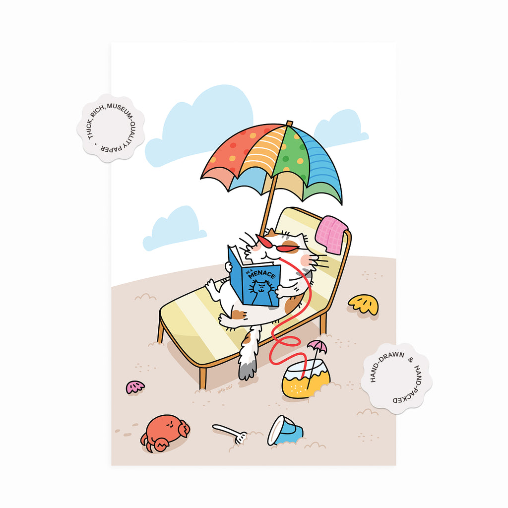Cartoon cat reading a book under a rainbow umbrella on a beach.