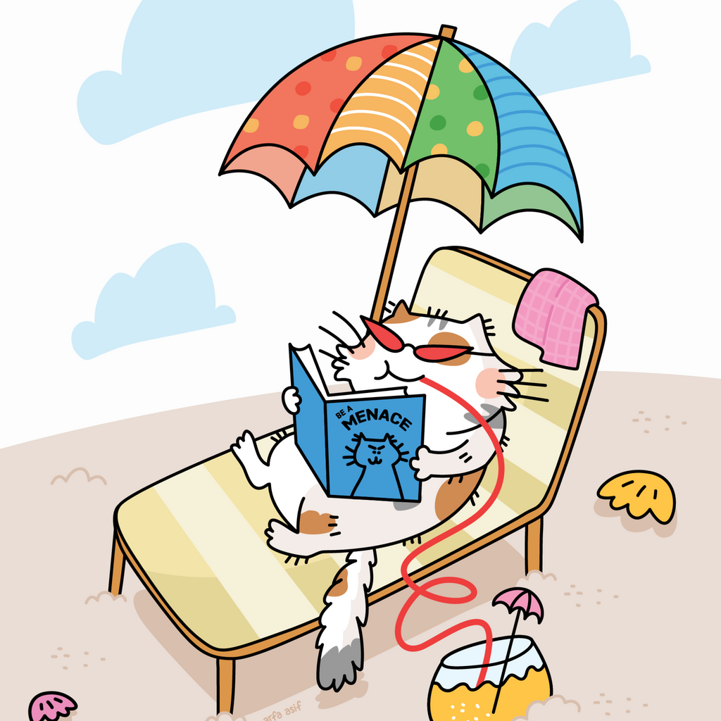 Cartoon cat character reading a book under a colorful umbrella on a beach chair.