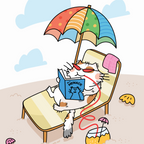 Cartoon cat character reading a book under a colorful umbrella on a beach chair.