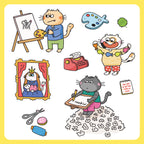 Illustrations of cats engaged in various activities on a yellow background.