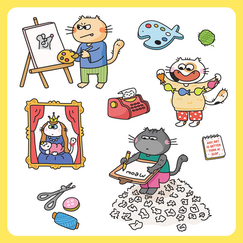 Illustrations of cats engaged in various activities on a yellow background.