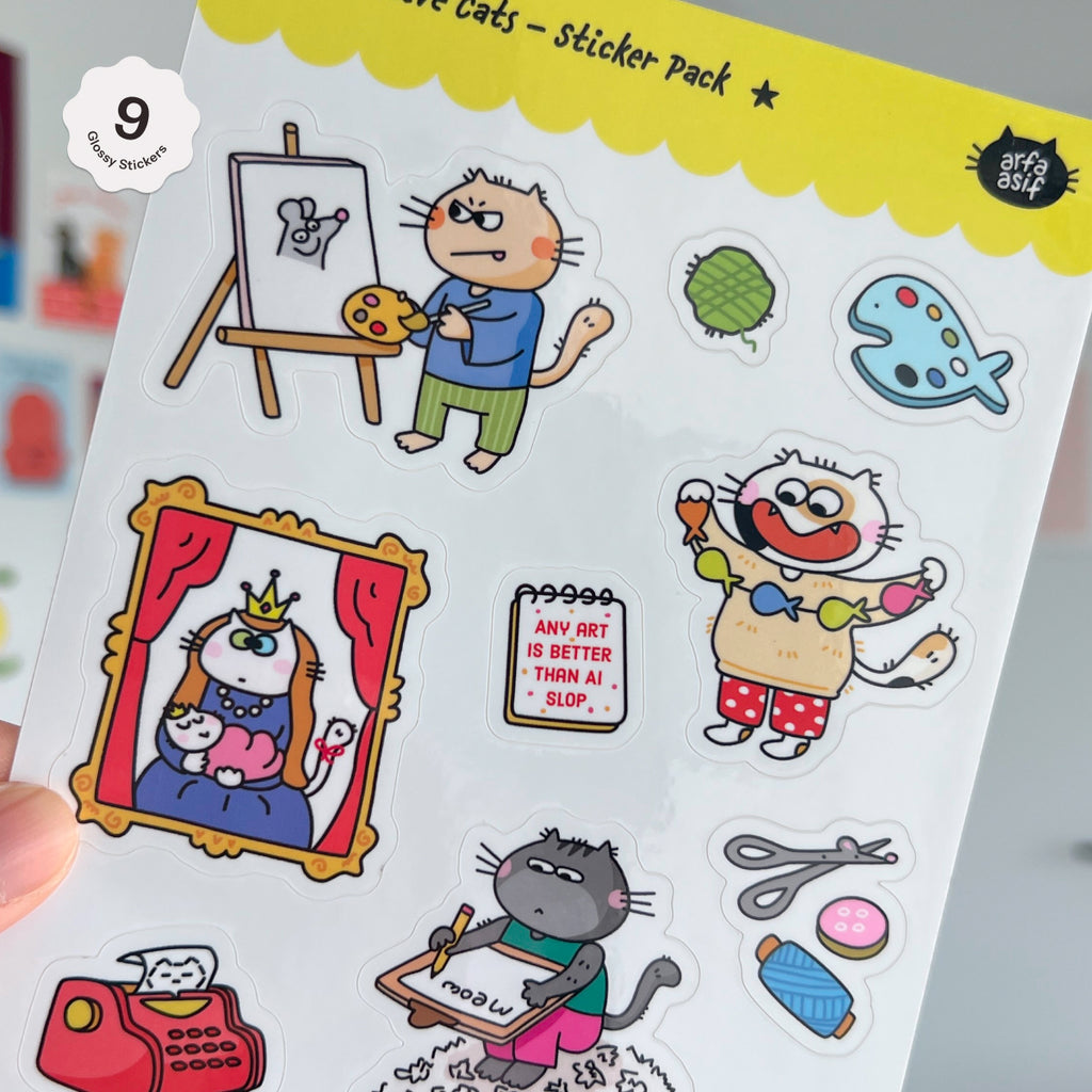 Colorful cat stickers with various poses and activities on a white background.