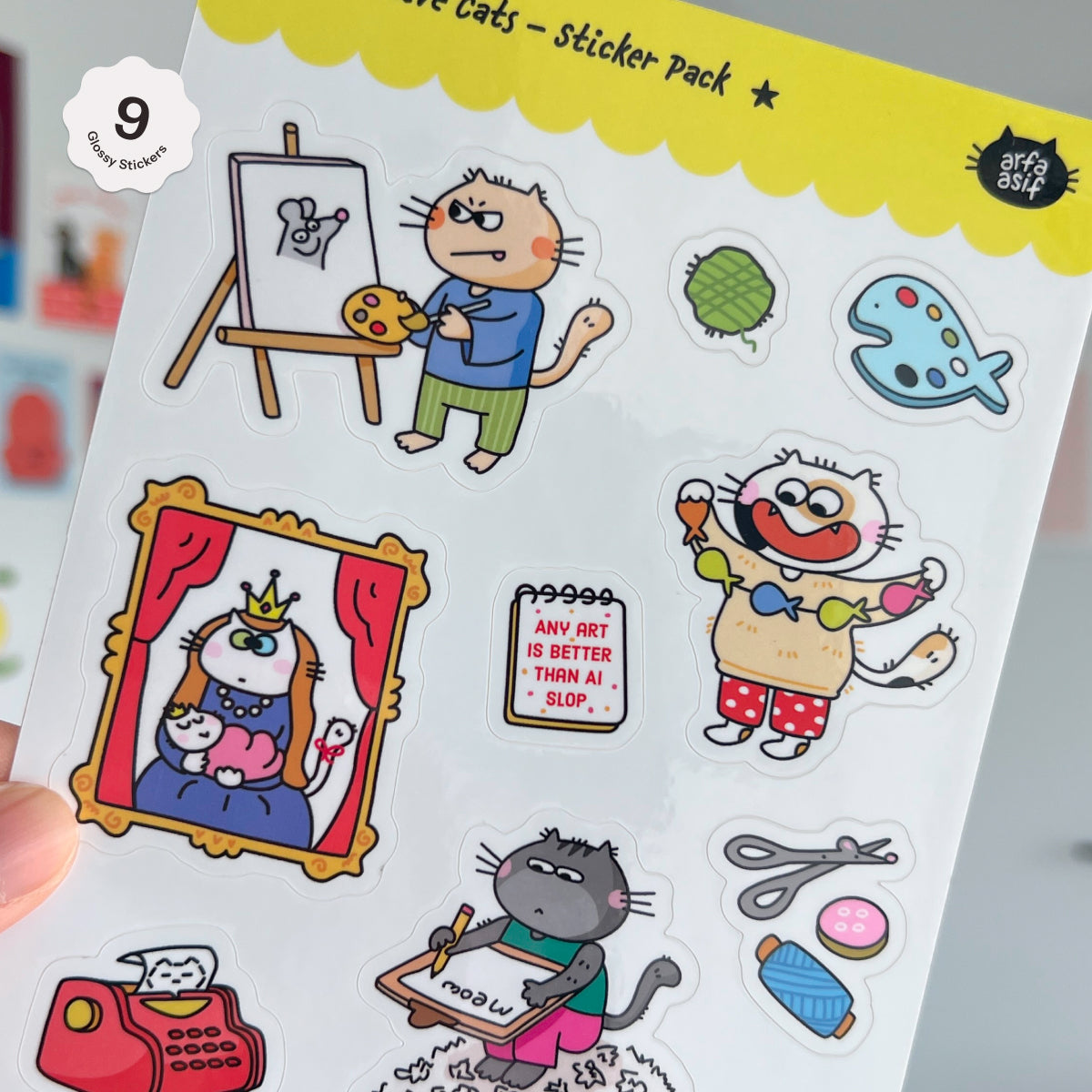 Colorful cat stickers with various poses and activities on a white background.