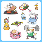 Set of cartoon illustrations including a cat cooking, a plate of food, a bottle, a shower, a vase with flowers, a notebook, a mouse lifting weights, and a plate with a cup and cookies.