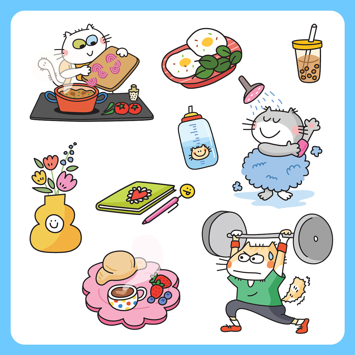 Set of cartoon illustrations including a cat cooking, a plate of food, a bottle, a shower, a vase with flowers, a notebook, a mouse lifting weights, and a plate with a cup and cookies.
