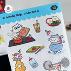 Sticker pack with various illustrations including a cat, food, and everyday objects on a white background.