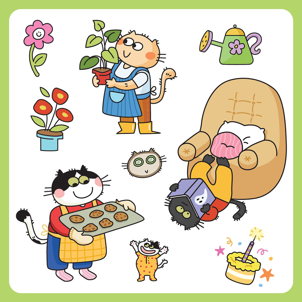 Illustrations of a cats baking cookies, another cat relaxing in a chair, and a third cat holding a tray of cookies.