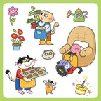 Illustrations of a cats baking cookies, another cat relaxing in a chair, and a third cat holding a tray of cookies.
