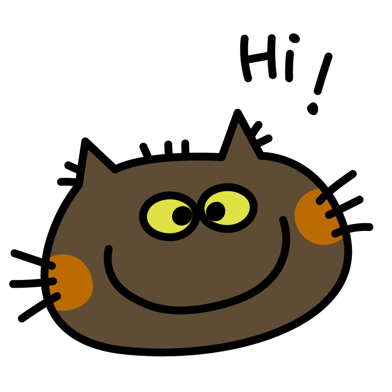Cartoon cat with yellow eyes and brown fur saying 'Hi!' on a white background