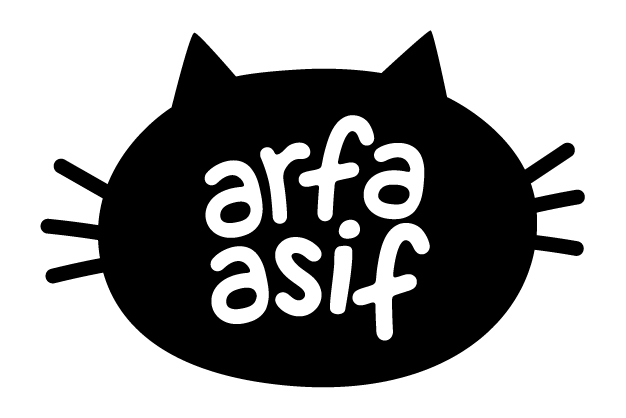 Black cat silhouette with 'arfa asif' text on a white background